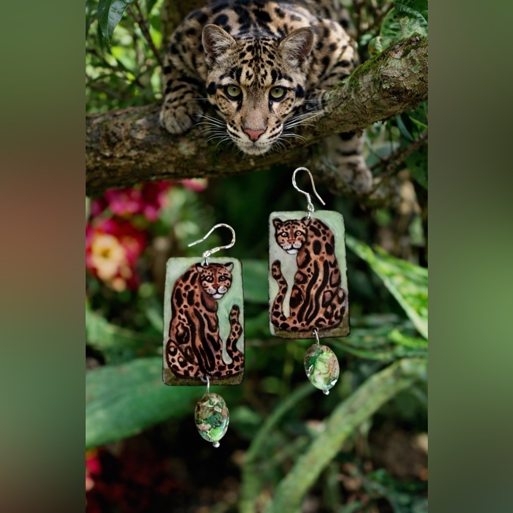 Hand painted clouded leopard earrings, sterling silver wires big cats rare OOAK